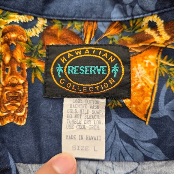 Hawaii‎ Reserve Collection Shirt Mens Large/XL Blue Tiki Tribal Tropical Camp - Picture 6 of 9